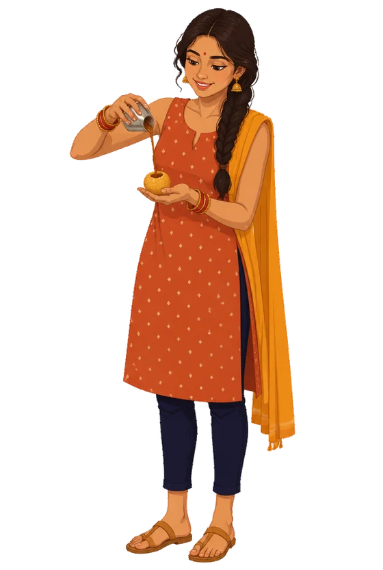 A student pouring pani from a steel glass into a golgappa